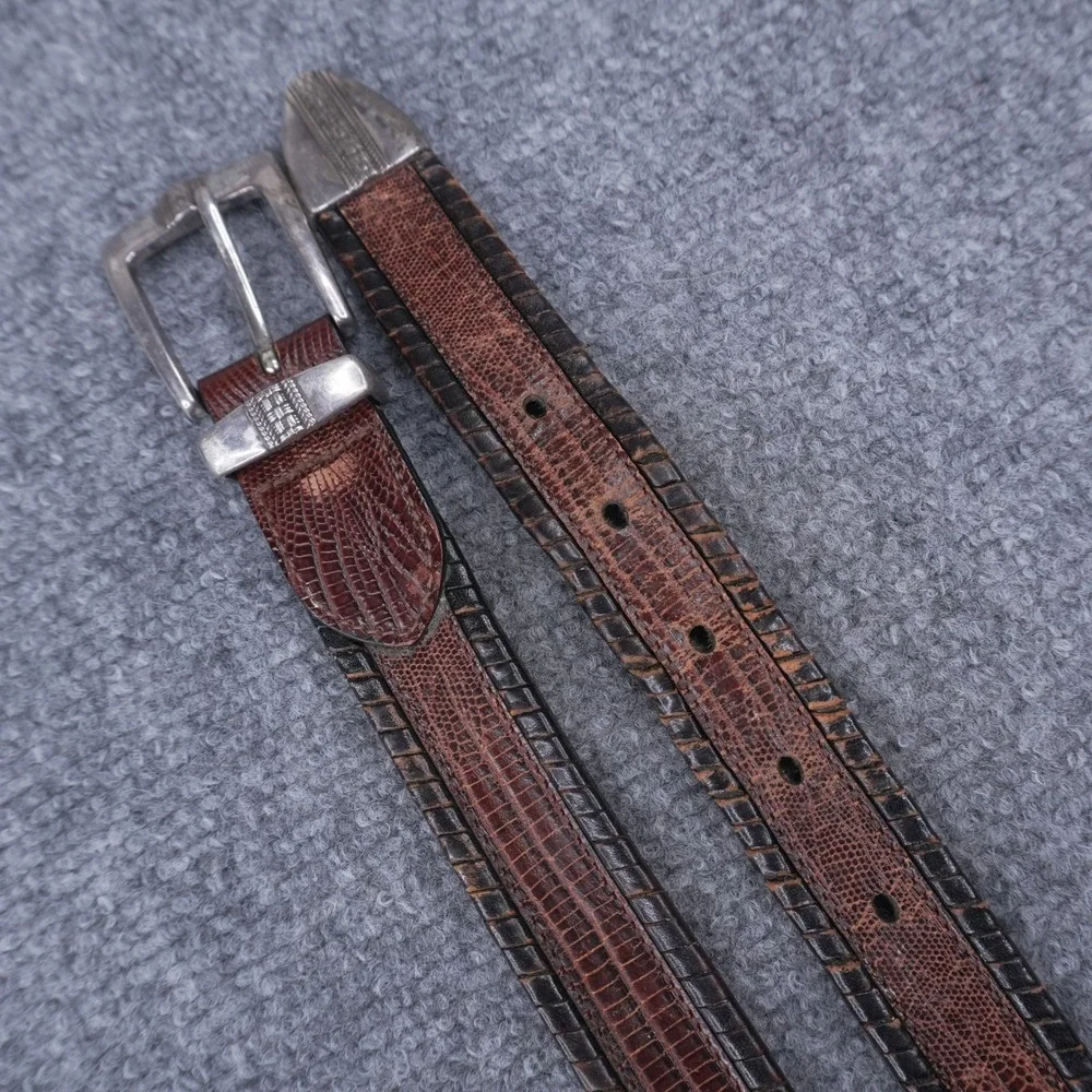 Embossed Lizard Belt Mens 36 Brown Western Silver Tip Buckle Genuine Leather